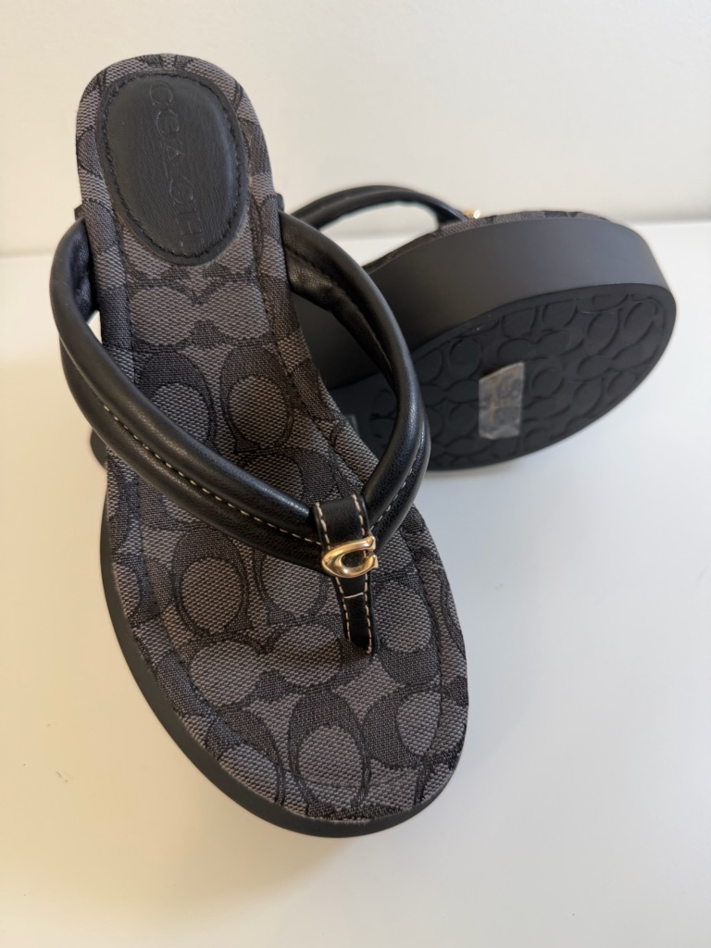 Coach Charcoal and Black Platform Wedge Thong Sandals Size 6 - Picture 7 of 11